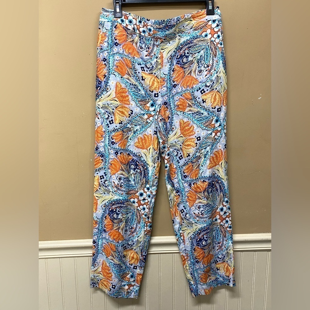 Chicos Bright Orange Blue Print Pull On Linen Ankle Pants Size 0 (S/4)